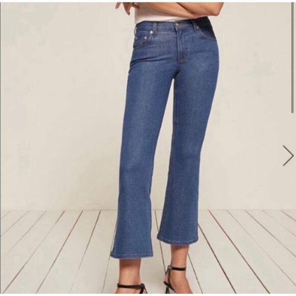 Reformation Flare Leg High Rise Cropped PJ Jeans in True Blue Wash Women Size 26 - Picture 3 of 16